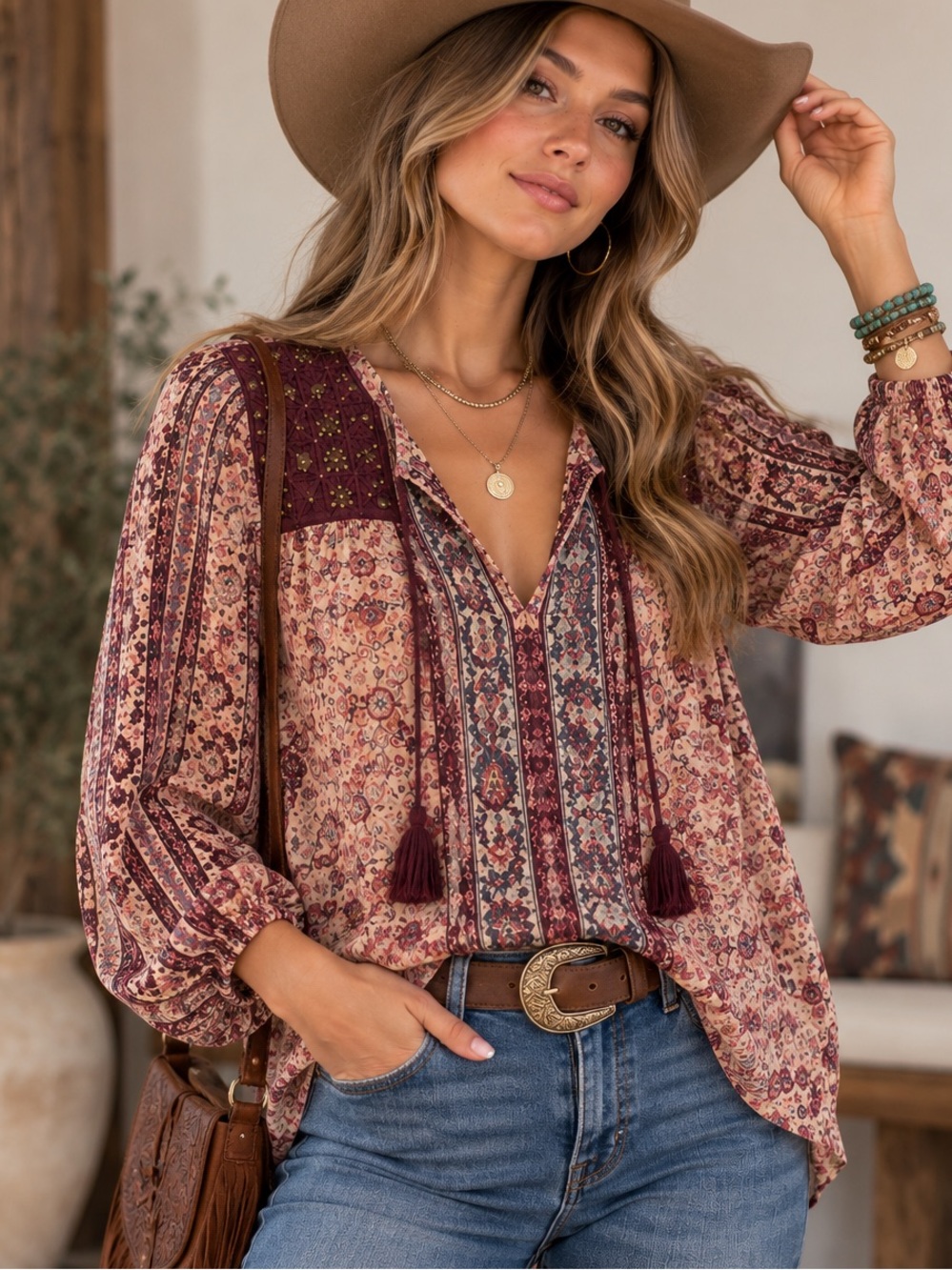 Lucky Brand Boho Paisley Beaded Peasant Blouse Small Burgundy Pink